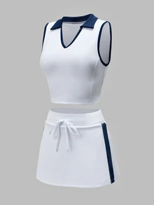 CourtClass CourtClass Women's Colorblock Pleated Top And Shorts Casual Daily Sports Set - Navy Blue - View 10