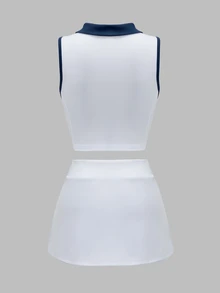 CourtClass CourtClass Women's Colorblock Pleated Top And Shorts Casual Daily Sports Set - Navy Blue - View 11