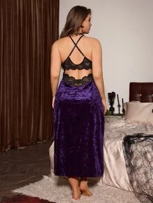 Slumberist Plus Size Lace Trim Patchwork Gold Velvet Nightgown - Multicolor - View 2