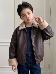 Dazy Kids Áo khoác da PU kéo khóa phối mảng lông teddy tương phản cho bé trai tuổi teen, mùa đông - màu nâu - Xem 3