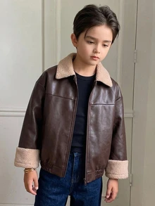 Dazy Kids Áo khoác da PU kéo khóa phối mảng lông teddy tương phản cho bé trai tuổi teen, mùa đông - màu nâu - Xem 7