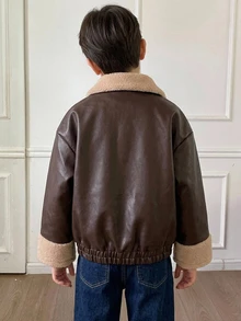 Dazy Kids Áo khoác da PU kéo khóa phối mảng lông teddy tương phản cho bé trai tuổi teen, mùa đông - màu nâu - Xem 2