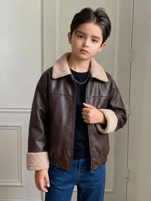 Dazy Kids Áo khoác da PU kéo khóa phối mảng lông teddy tương phản cho bé trai tuổi teen, mùa đông - màu nâu - Xem 4