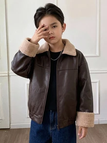 Dazy Kids Áo khoác da PU kéo khóa phối mảng lông teddy tương phản cho bé trai tuổi teen, mùa đông - màu nâu - Xem 5