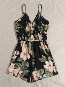 SHEIN VCAY Mono de verano con cuello cruzado y estampado floral - Negro - Ver 3