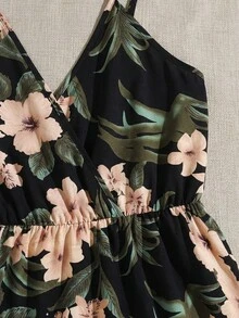 SHEIN VCAY Mono de verano con cuello cruzado y estampado floral - Negro - Ver 5