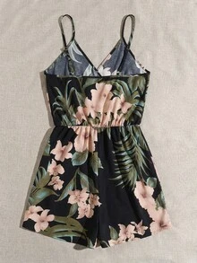 SHEIN VCAY Mono de verano con cuello cruzado y estampado floral - Negro - Ver 2