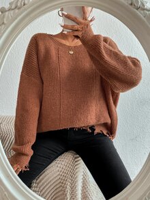 SHEIN VCAY Drop Shoulder Distressed Trim Sweater,Long Sleeve Tops In Fall/Winter - Coffee Brown - View 9