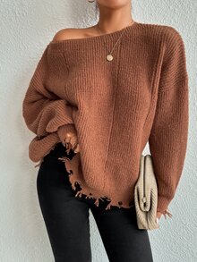 SHEIN VCAY Drop Shoulder Distressed Trim Sweater,Long Sleeve Tops In Fall/Winter - Coffee Brown - View 4