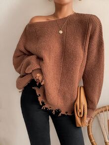 SHEIN VCAY Drop Shoulder Distressed Trim Sweater,Long Sleeve Tops In Fall/Winter - Coffee Brown - View 8