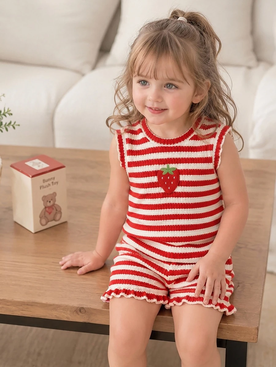 Souflis Souflis Baby Girl Round Neck Striped Patchwork Strawberry Pattern T-Shirt And Shorts Casual Daily Set - Red - View 1