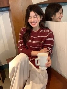 DAZY Women's Long Sleeve Striped Korean Style Cardigan Fall - Red - View 7