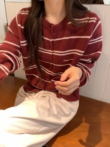 DAZY Women's Long Sleeve Striped Korean Style Cardigan Fall - Red - View 5