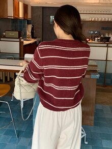 DAZY Women's Long Sleeve Striped Korean Style Cardigan Fall - Red - View 2
