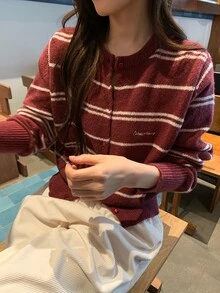 DAZY Women's Long Sleeve Striped Korean Style Cardigan Fall - Red - View 3