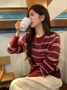 DAZY Women's Long Sleeve Striped Korean Style Cardigan Fall - Red - View 4