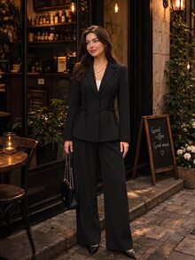 SHEIN MOD Conjunto de chaqueta y pantalones con decoración de cordones estilo vintage - Negro - Ver 5