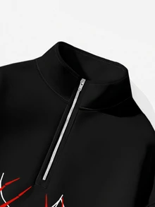 Attitoon Women's Small Floral Pattern Wide Black Loose Half-Zip High Neck Thin Sweatshirt Pullover, Thick Material, Suitable For Autumn/Winter, Red Spider Print Thickened Sweatshirt - Black - View 5