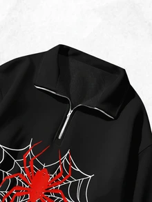 Attitoon Women's Small Floral Pattern Wide Black Loose Half-Zip High Neck Thin Sweatshirt Pullover, Thick Material, Suitable For Autumn/Winter, Red Spider Print Thickened Sweatshirt - Black - View 6