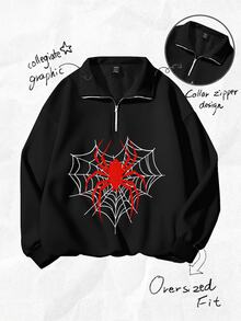 Attitoon Women's Small Floral Pattern Wide Black Loose Half-Zip High Neck Thin Sweatshirt Pullover, Thick Material, Suitable For Autumn/Winter, Red Spider Print Thickened Sweatshirt - Black - View 3
