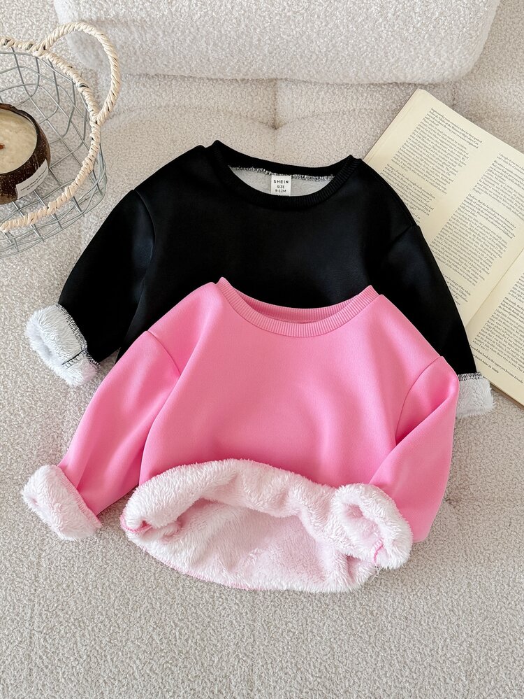 2pcs Baby Girl Autumn/Winter Cute Versatile Casual Knitted Thermal Lined Long Sleeve Sweatshirt - Baby Pink - View 1