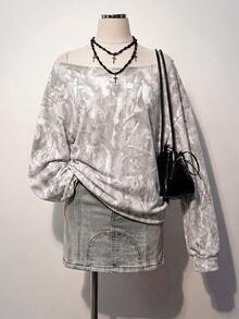 SHEIN EZwear 80%棉女款寬鬆單肩衛衣，樹枝印花 - 彩色 - 查看 8