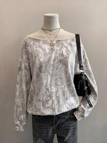 SHEIN EZwear 80%棉女款寬鬆單肩衛衣，樹枝印花 - 彩色 - 查看 3