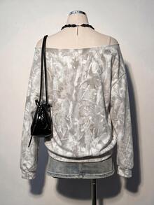 SHEIN EZwear 80%棉女款寬鬆單肩衛衣，樹枝印花 - 彩色 - 查看 2