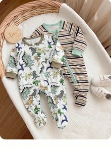 SHEIN 新生兒可愛休閒針織卡通圖案長袖居家連身衣 2件組 - 綠色 - 查看 2