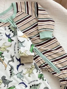 SHEIN 新生兒可愛休閒針織卡通圖案長袖居家連身衣 2件組 - 綠色 - 查看 5