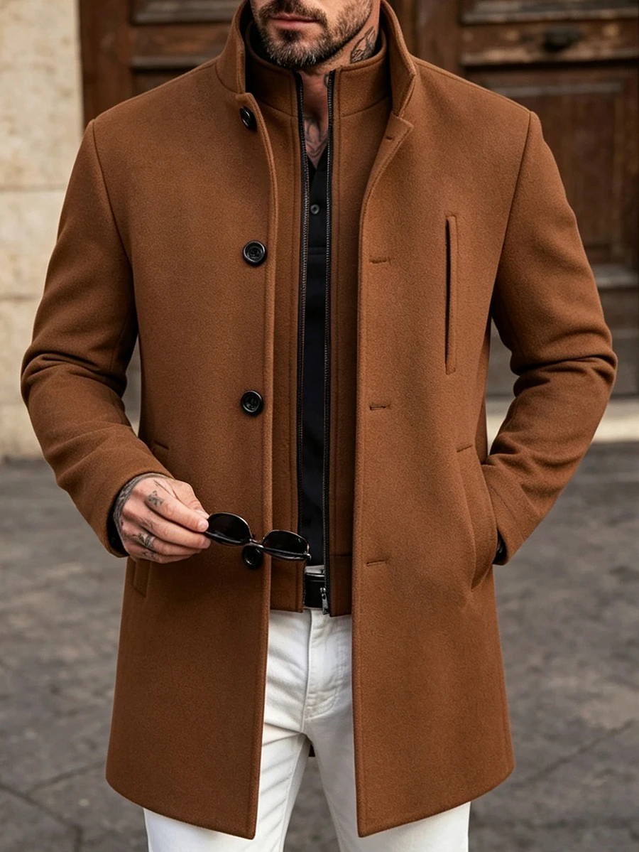 Manfinity Mode Men's Khaki 2 In 1 Stand Collar Mid-Length Business Overcoat - Khaki - View 1