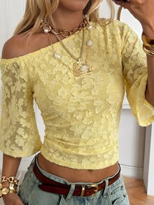 SHEIN EZwear 女款黃色優雅夏季茶會提花針織露肩上衣，極簡多巴胺色調紋理休閒針織上衣，適合派對、度假 - 黃色 - 查看 3