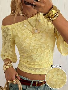 SHEIN EZwear 女款黃色優雅夏季茶會提花針織露肩上衣，極簡多巴胺色調紋理休閒針織上衣，適合派對、度假 - 黃色 - 查看 1