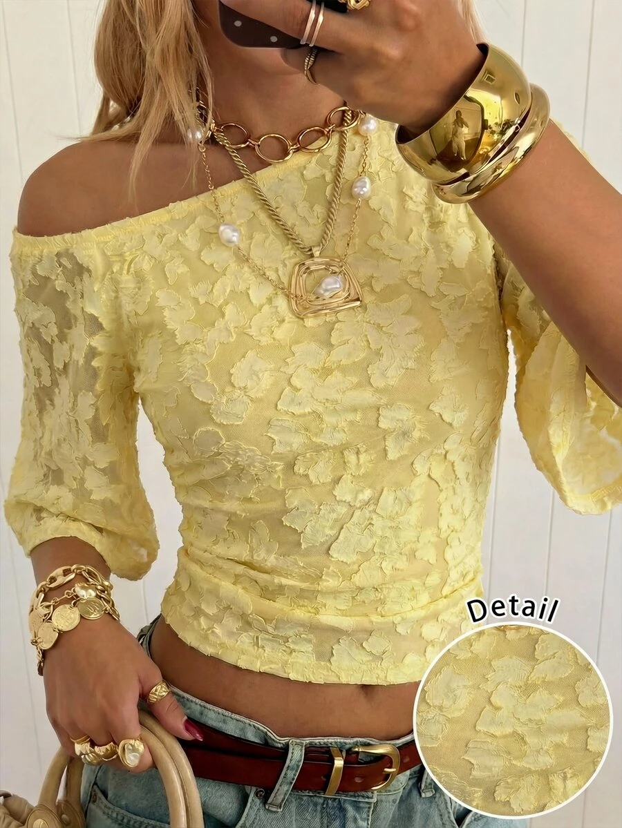 SHEIN EZwear 女款黃色優雅夏季茶會提花針織露肩上衣,極簡多巴胺色調紋理休閒針織上衣,適合派對、度假 - 黃色 - 查看 1
