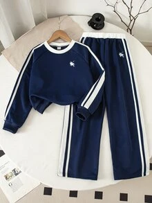 青少年女孩 2 件套休閒套裝，圓領長袖落肩短版運動衫搭配鬆緊腰寬腿側條紋運動長褲，適合日常穿著 - 藏蓝色 - 查看 3