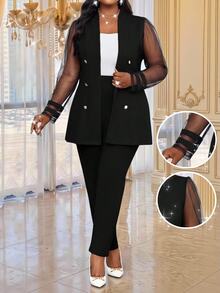 SHEIN Lady Plus Size Elegant Commuter Mesh Patchwork Blazer & Trousers Suit Set - Black - View 1