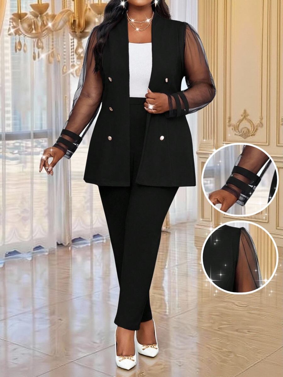 SHEIN Lady Plus Size Elegant Commuter Mesh Patchwork Blazer & Trousers Suit Set - Black - View 1