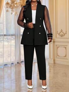 SHEIN Lady Plus Size Elegant Commuter Mesh Patchwork Blazer & Trousers Suit Set - Black - View 4
