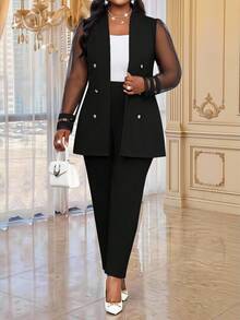SHEIN Lady Plus Size Elegant Commuter Mesh Patchwork Blazer & Trousers Suit Set - Black - View 6