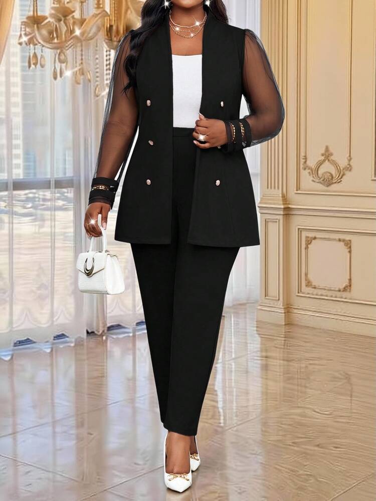SHEIN Lady Plus Size Elegant Elegant Curve Casual Commuter Mesh Patchwork Blazer Trousers Suit Set Dinner Formal Black Summer - Black - View 6