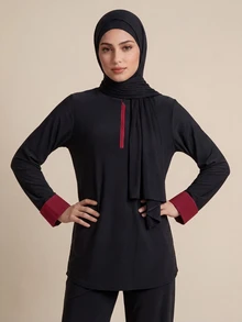 Swim Shayni ملابس علوية رياضية محتشمة بتصميم بسيط منخفض النمط، قطعة واحدة، ملابس مريحة طوال اليوم، بقصة فضفاضة، سويتشيرت بتصميم كتل لونية مع سحاب أمامي - الأسود - مشاهدة 4