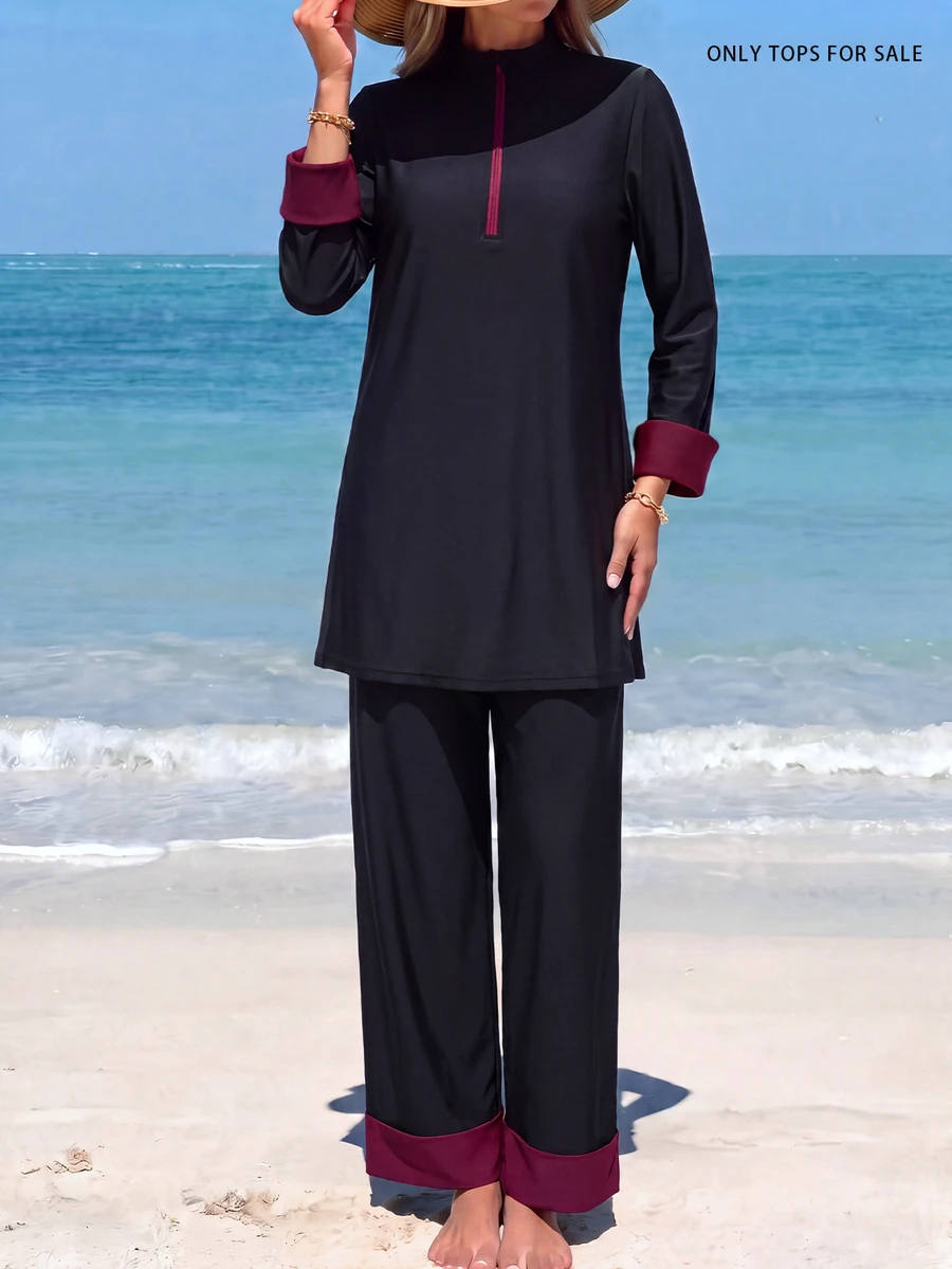 Swim Shayni ملابس علوية رياضية محتشمة بتصميم بسيط منخفض النمط، قطعة واحدة، ملابس مريحة طوال اليوم، بقصة فضفاضة، سويتشيرت بتصميم كتل لونية مع سحاب أمامي - الأسود - مشاهدة 1