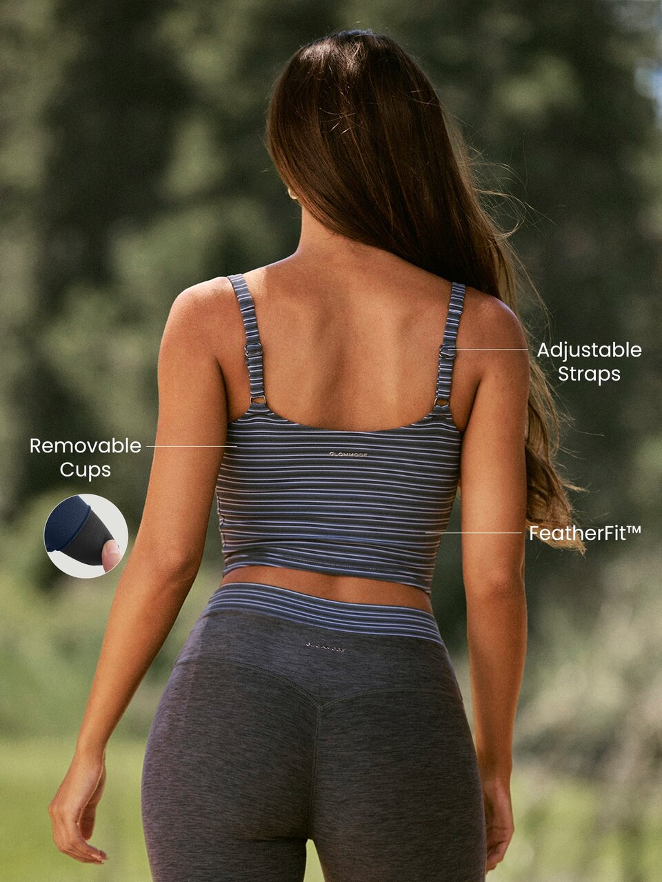 FeatherFit™ Stripe Flow Cropped Tank With Adjustable Straps & Silicone Label Low Impact Outdoor Yoga Studio Daily