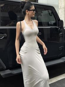 DAZY Women's V-Neck Bodycon Long Wrap Dress - Grey - View 4