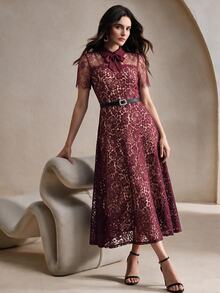 Anewsta Gaun Wanita Model Baru Musim Semi/Panas dengan Detail Renda yang Mengencangkan Pinggang - Burgundy - View 7