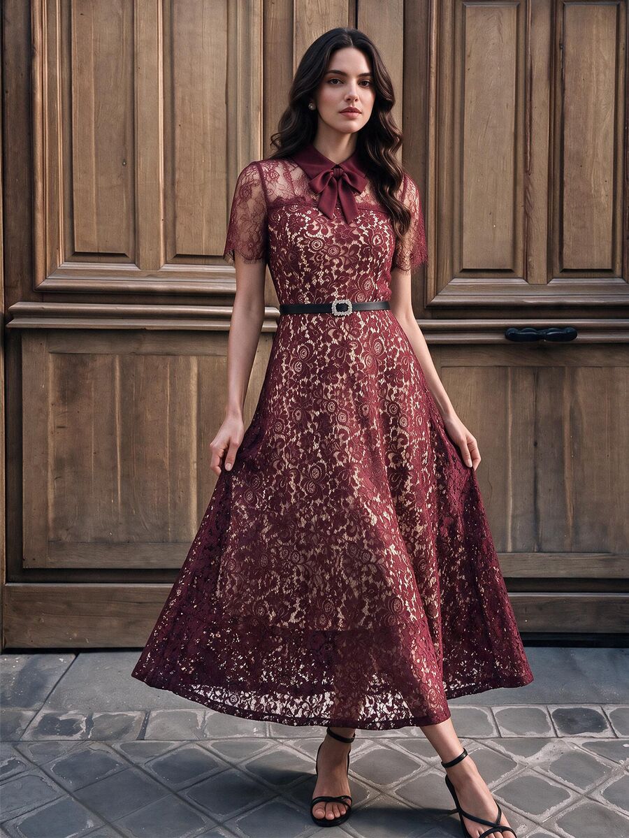 Anewsta Gaun Wanita Model Baru Musim Semi/Panas dengan Detail Renda yang Mengencangkan Pinggang - Burgundy - View 1