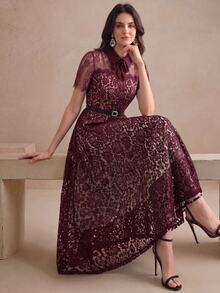 Anewsta Gaun Wanita Model Baru Musim Semi/Panas dengan Detail Renda yang Mengencangkan Pinggang - Burgundy - View 5