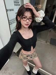 K-Vae 夏季搭配 圓領鉤眼短款T恤 - 黑色 - 查看 5