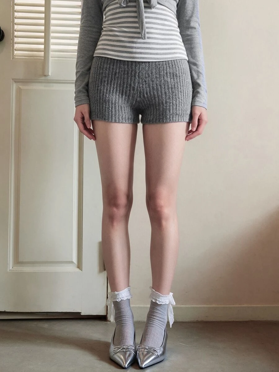 K-Vae Summer Marled Knit Biker Shorts - Grey - View 1