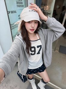 K-Vae Gray Solid Zip Up Drawstring Hooded Sweatshirt,Long Sleeve Casual Tops For Women,School Back-To-School Autumn Outfits,Graduation Teacher Fall/Winter - Light Grey - View 5